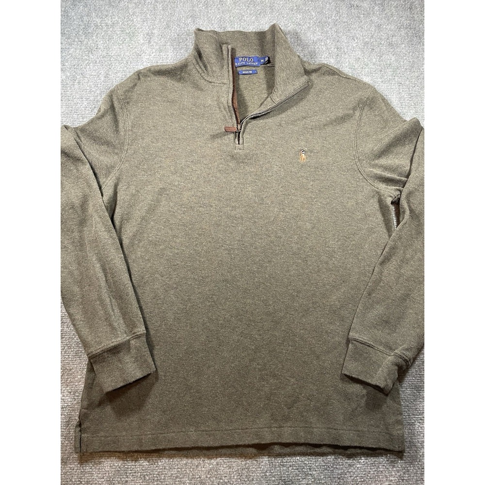 Polo Ralph Lauren Sweater Mens M Green Estate Rib 1/4 Zip Mock Neck Pullover